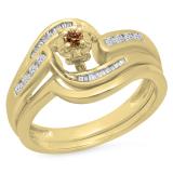 0.30 Carat (ctw) 10K Yellow Gold Round & Baguette Cut Champagne & White Diamond Ladies Bypass Twisted Style Bridal Engagement Ring With Matching Band Set 1/3 CT
