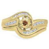 0.30 Carat (ctw) 10K Yellow Gold Round & Baguette Cut Champagne & White Diamond Ladies Bypass Twisted Style Bridal Engagement Ring With Matching Band Set 1/3 CT
