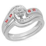 0.30 Carat (ctw) 18K White Gold Round & Baguette Cut Ruby & White Diamond Ladies Bypass Twisted Style Bridal Engagement Ring With Matching Band Set 1/3 CT