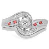 0.30 Carat (ctw) 18K White Gold Round & Baguette Cut Ruby & White Diamond Ladies Bypass Twisted Style Bridal Engagement Ring With Matching Band Set 1/3 CT