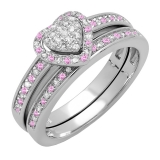 0.23 Carat (ctw) 10K White Gold Round Pink Sapphire & White Diamond Ladies Heart Shaped Bridal Engagement Ring With Matching Band Set 1/4 CT
