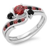 0.90 Carat (ctw) 14K White Gold Round Ruby & Black Diamond Ladies Swirl Bridal Engagement Ring Matching Band Set