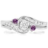 0.50 Carat (ctw) 10K White Gold Round Amethyst And White Diamond Ladies Swirl Bridal Engagement Ring Matching Band Set 1/2 CT