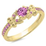 0.50 Carat (ctw) 14K Yellow Gold Round Pink Sapphire Ladies Bridal Unique Vintage Style Engagement Ring 1/2 CT