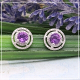 1.17 Carat (ctw) 14K White Gold Round Amethyst & White Diamond Ladies Halo Style Stud Earrings