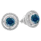 1.17 Carat (ctw) 14K White Gold Round Blue & White Diamond Ladies Halo Style Stud Earrings