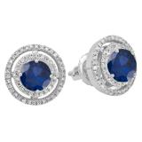 1.17 Carat (ctw) 14K White Gold Round Blue Sapphire & White Diamond Ladies Halo Style Stud Earrings