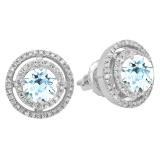 1.17 Carat (ctw) 14K White Gold Round Aquamarine & White Diamond Ladies Halo Style Stud Earrings