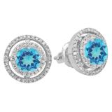 1.17 Carat (ctw) 10K White Gold Round Blue Topaz & White Diamond Ladies Halo Style Stud Earrings
