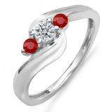 0.40 Carat (ctw) 14K White Gold Round Red Ruby And White Diamond Ladies Swirl Engagement 3 Stone Bridal Ring