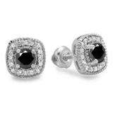 0.75 Carat (ctw) Sterling Silver Round Cut Black & White Diamond Ladies Halo Stud Earrings 3/4 CT
