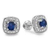 0.75 Carat (ctw) Sterling Silver Round Cut Blue Sapphire & White Diamond Ladies Halo Stud Earrings 3/4 CT