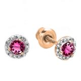 0.75 Carat (ctw) 14K Rose Gold Round Pink Tourmaline & White Diamond Ladies Halo Style Stud Earrings 3/4 CT