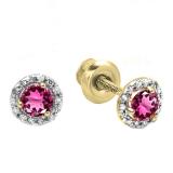 0.75 Carat (ctw) 14K Yellow Gold Round Pink Tourmaline & White Diamond Ladies Halo Style Stud Earrings 3/4 CT