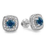0.75 Carat (ctw) 10K White Gold Round Cut Blue & White Diamond Ladies Halo Stud Earrings 3/4 CT