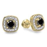 0.75 Carat (ctw) 18K Yellow Gold Round Cut Black & White Diamond Ladies Halo Stud Earrings 3/4 CT