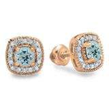 0.75 Carat (ctw) 10K Rose Gold Round Cut Aquamarine & White Diamond Ladies Halo Stud Earrings 3/4 CT