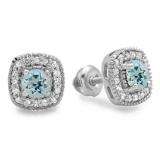 0.75 Carat (ctw) 14K White Gold Round Cut Aquamarine & White Diamond Ladies Halo Stud Earrings 3/4 CT