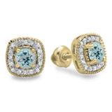 0.75 Carat (ctw) 14K Yellow Gold Round Cut Aquamarine & White Diamond Ladies Halo Stud Earrings 3/4 CT
