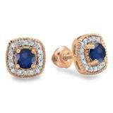 0.75 Carat (ctw) 10K Rose Gold Round Cut Blue Sapphire & White Diamond Ladies Halo Stud Earrings 3/4 CT