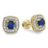 0.75 Carat (ctw) 10K Yellow Gold Round Cut Blue Sapphire & White Diamond Ladies Halo Stud Earrings 3/4 CT