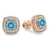 0.75 Carat (ctw) 10K Rose Gold Round Cut Blue Topaz & White Diamond Ladies Halo Stud Earrings 3/4 CT