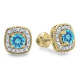 0.75 Carat (ctw) 10K Yellow Gold Round Cut Blue Topaz & White Diamond Ladies Halo Stud Earrings 3/4 CT