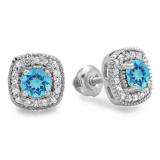 0.75 Carat (ctw) 14K White Gold Round Cut Blue Topaz & White Diamond Ladies Halo Stud Earrings 3/4 CT