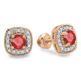 0.75 Carat (ctw) 10K Rose Gold Round Cut Ruby & White Diamond Ladies Halo Stud Earrings 3/4 CT
