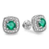 0.75 Carat (ctw) 14K White Gold Round Cut Emerald & White Diamond Ladies Halo Stud Earrings 3/4 CT