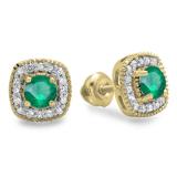 0.75 Carat (ctw) 14K Yellow Gold Round Cut Emerald & White Diamond Ladies Halo Stud Earrings 3/4 CT
