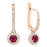 0.47 Carat (ctw) 10K Rose Gold Round Ruby & White Diamond Ladies Halo Style Dangling Drop Earrings 1/2 CT