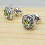 0.75 Carat (ctw) Sterling Silver Round Cut Peridot & White Diamond Ladies Halo Stud Earrings 3/4 CT