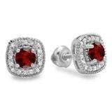 0.75 Carat (ctw) 14K White Gold Round Cut Garnet & White Diamond Ladies Halo Stud Earrings 3/4 CT