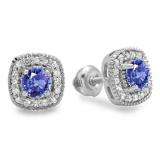 0.75 Carat (ctw) 18K White Gold Round Cut Tanzanite & White Diamond Ladies Halo Stud Earrings 3/4 CT