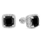 2.80 Carat (ctw) 14K White Gold Cushion Cut Black Diamond & Round Cut White Diamond Ladies Square Frame Halo Stud Earrings