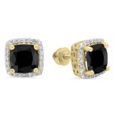 2.80 Carat (ctw) 14K Yellow Gold Cushion Cut Black Diamond & Round Cut White Diamond Ladies Square Frame Halo Stud Earrings
