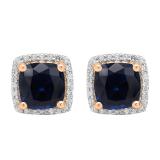 2.80 Carat (ctw) 10K Rose Gold Cushion Cut Blue Sapphire & Round Cut White Diamond Ladies Square Frame Halo Stud Earrings