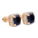 2.80 Carat (ctw) 10K Rose Gold Cushion Cut Blue Sapphire & Round Cut White Diamond Ladies Square Frame Halo Stud Earrings