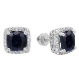 2.80 Carat (ctw) 10K White Gold Cushion Cut Blue Sapphire & Round Cut White Diamond Ladies Square Frame Halo Stud Earrings