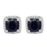 2.80 Carat (ctw) 10K White Gold Cushion Cut Blue Sapphire & Round Cut White Diamond Ladies Square Frame Halo Stud Earrings