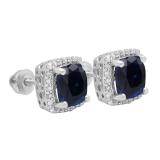 2.80 Carat (ctw) 10K White Gold Cushion Cut Blue Sapphire & Round Cut White Diamond Ladies Square Frame Halo Stud Earrings
