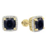 2.80 Carat (ctw) 10K Yellow Gold Cushion Cut Blue Sapphire & Round Cut White Diamond Ladies Square Frame Halo Stud Earrings