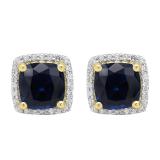 2.80 Carat (ctw) 10K Yellow Gold Cushion Cut Blue Sapphire & Round Cut White Diamond Ladies Square Frame Halo Stud Earrings
