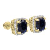 2.80 Carat (ctw) 10K Yellow Gold Cushion Cut Blue Sapphire & Round Cut White Diamond Ladies Square Frame Halo Stud Earrings