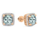 2.80 Carat (ctw) 14K Rose Gold Cushion Cut Aquamarine & Round Cut White Diamond Ladies Square Frame Halo Stud Earrings