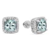 2.80 Carat (ctw) 14K White Gold Cushion Cut Aquamarine & Round Cut White Diamond Ladies Square Frame Halo Stud Earrings