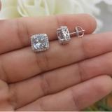 2.80 Carat (ctw) 14K White Gold Cushion Cut Aquamarine & Round Cut White Diamond Ladies Square Frame Halo Stud Earrings
