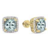 2.80 Carat (ctw) 18K Yellow Gold Cushion Cut Aquamarine & Round Cut White Diamond Ladies Square Frame Halo Stud Earrings