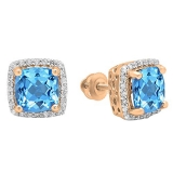 2.80 Carat (ctw) 14K Rose Gold Cushion Cut Blue Topaz & Round Cut White Diamond Ladies Square Frame Halo Stud Earrings